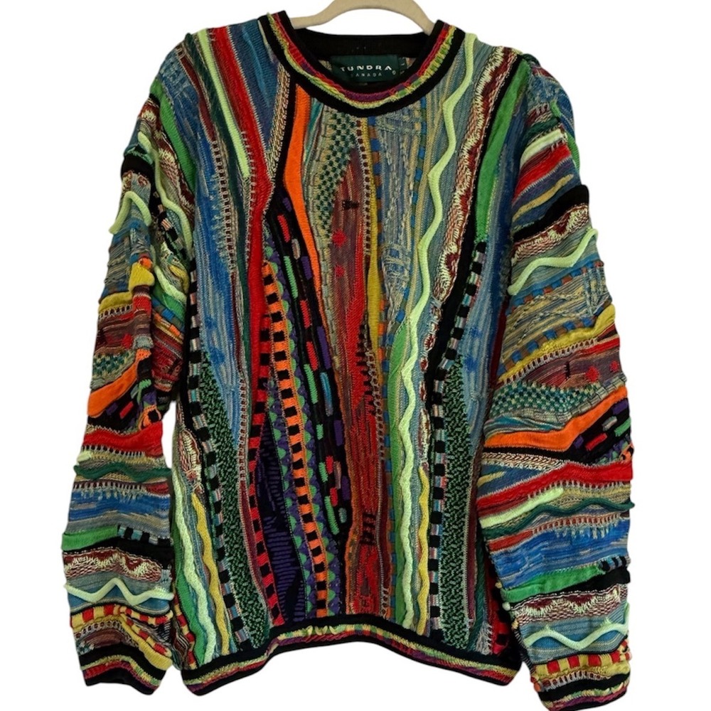 Tundra Canada Vintage 3D Knit Sweater Mens Multi Color Mercerized Cotton XL
